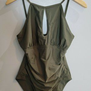 ELLEN TRACY HIGH NECK KEYHOLE ONE PIECE SWIMSUIT OLIVE GREEN SZ 12 EUC!